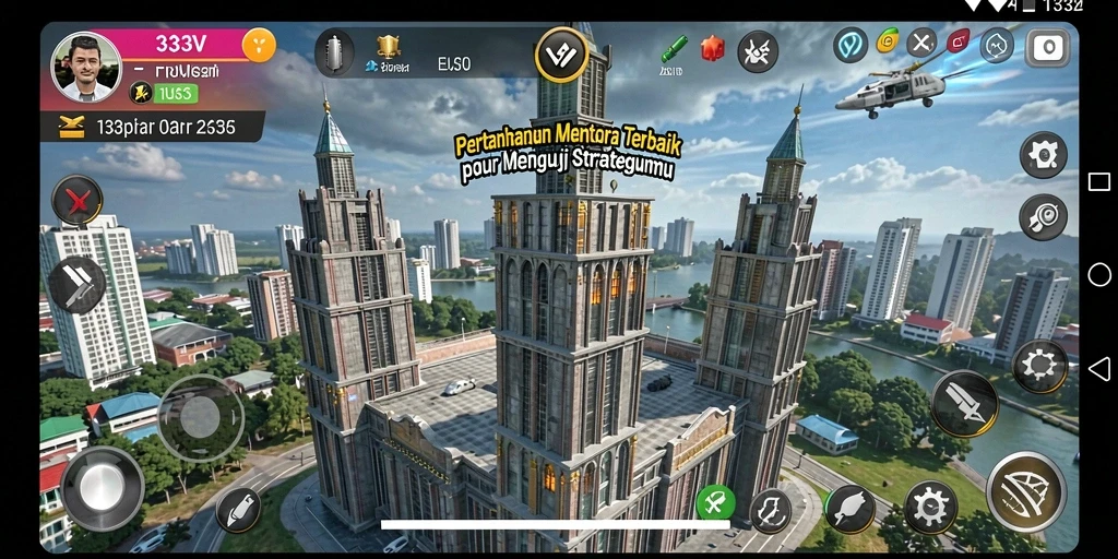 Screenshot gameplay 333V menampilkan menara dan pertempuran musuh.