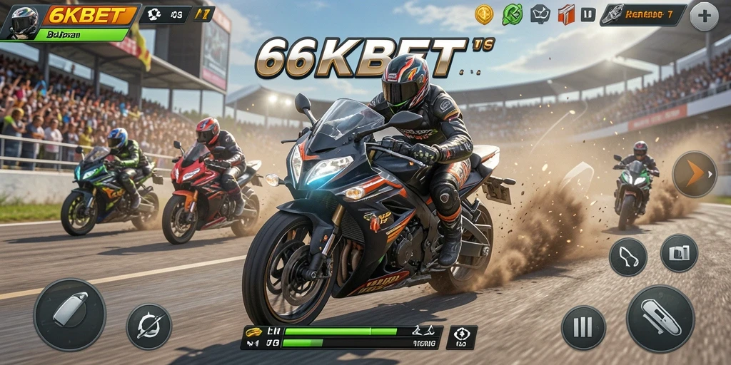 Screenshot gameplay 66KBET menampilkan aksi balapan motor yang mendebarkan.