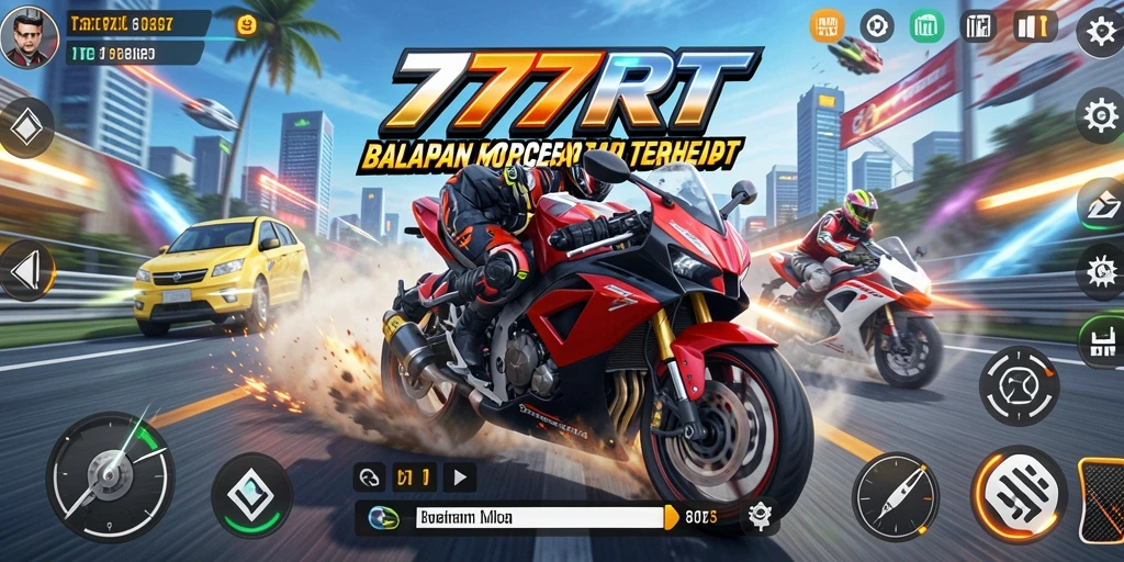 Gameplay 777RT yang mendebarkan dengan balapan motor cepat.