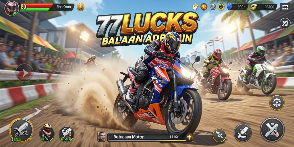 Tangkapan layar dari gameplay <strong>77LUCKS</strong> yang menunjukkan aksi balapan motor yang mendebarkan.