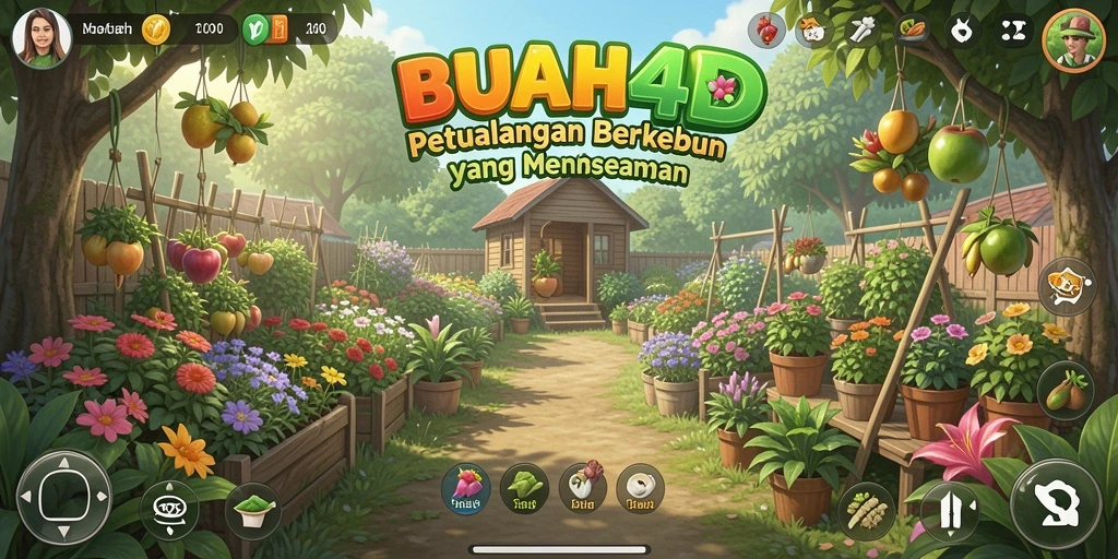 Tampilan gameplay <strong>BUAH4D</strong> yang menampilkan kebun yang indah dan interaktif.