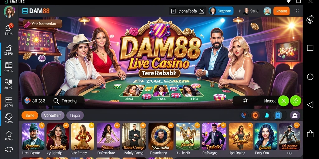 Screenshot gameplay DAM88 menampilkan dealer langsung dan suasana kasino yang nyata.