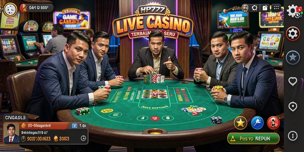Screenshot gameplay HP777 menampilkan dealer profesional dan suasana kasino langsung.