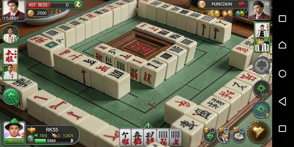 Screenshot gameplay RK55 menampilkan ubin Mahjong berwarna-warni yang menantang.