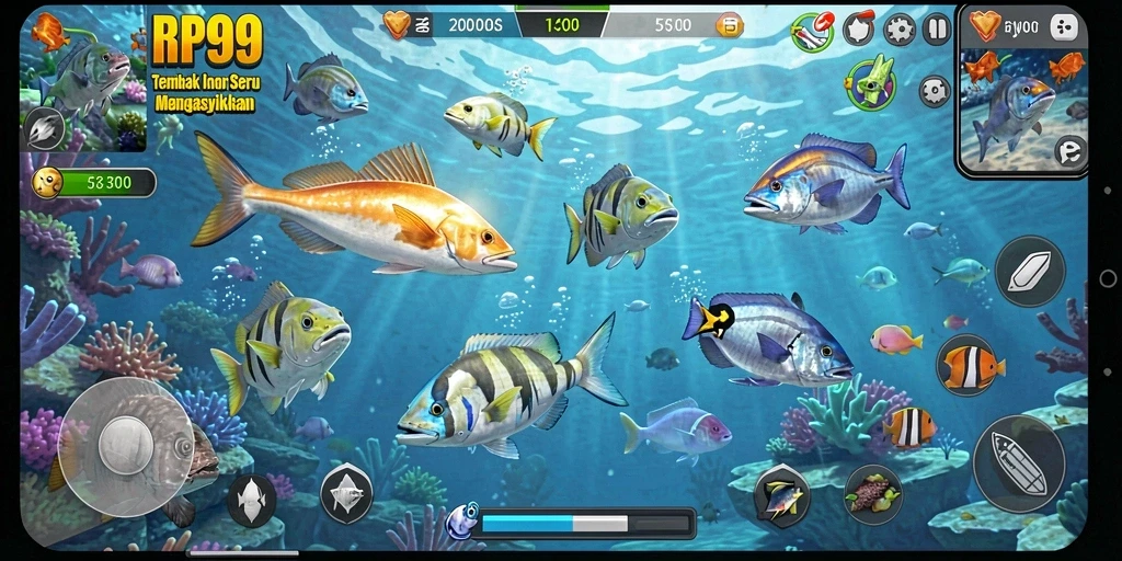 Gameplay RP99 menembak ikan yang seru dan penuh warna.