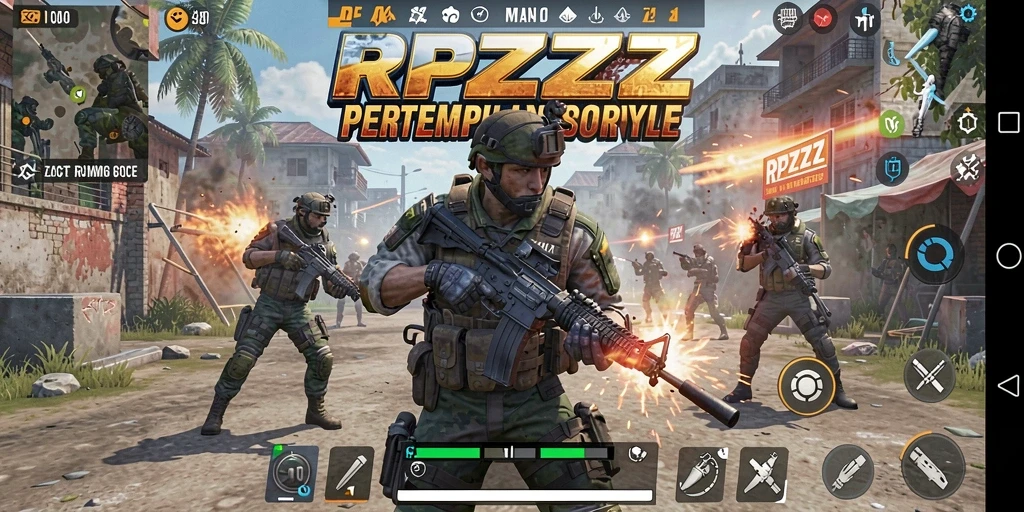 Tangkapan layar RPZZZ menampilkan aksi intens di medan perang Battle Royale.