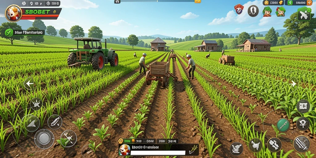 Tampilan gameplay SBOBET yang menampilkan suasana pertanian yang penuh warna.
