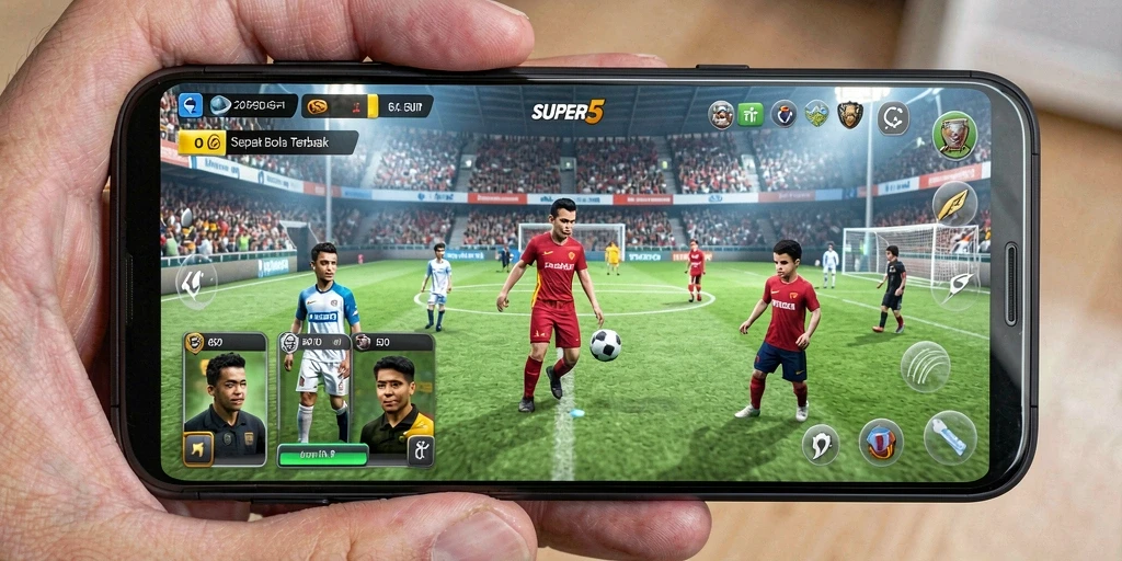 Tangkapan layar utama dari gameplay <strong>SUPER5</strong> yang menampilkan aksi seru sepak bola.