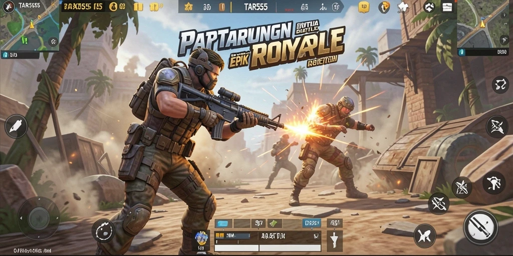 Screenshot gameplay TAR555 dengan aksi pertempuran Battle Royale.